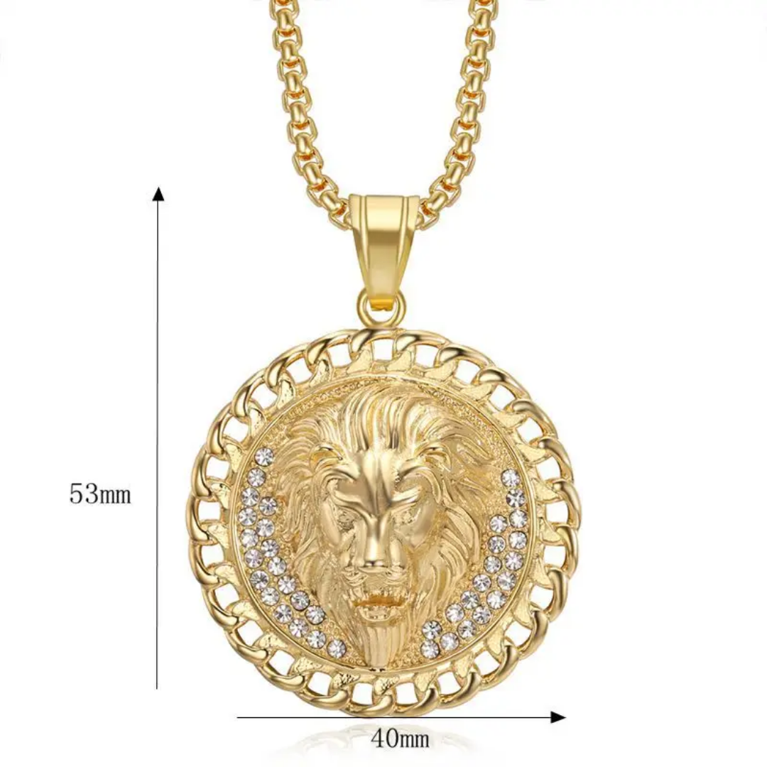 1066 Lion Head Rhinestone Pendant – Silver-Tone Stainless Steel