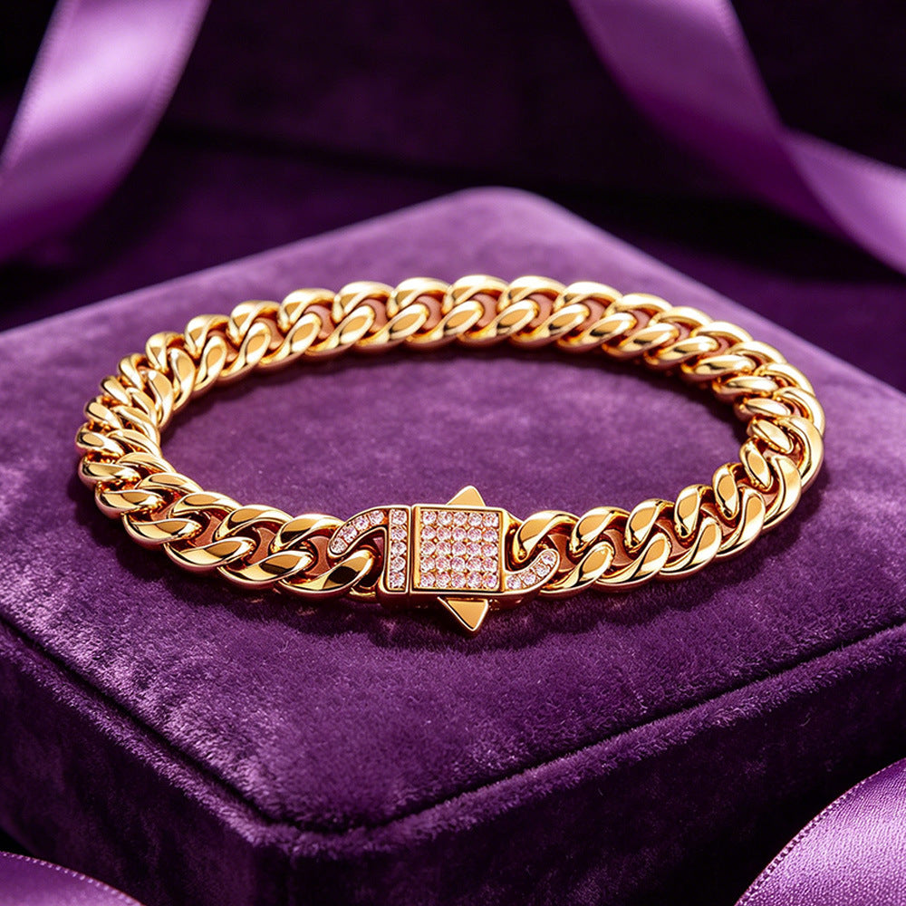 2007 |H| 316 Stainless Steel Cuban Chain Bracelet with Rose CZ Stones