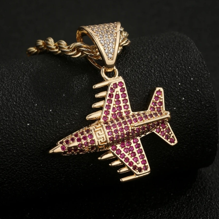 1138 |O| Brass Iced Out Red CZ Fighter Jet Airplane Pendant | Gold-Plated