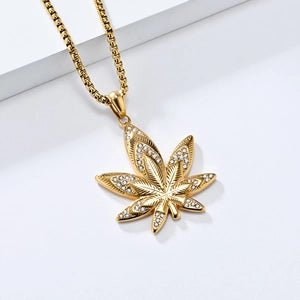 1130 Gold-Plated Stainless Steel Iced Out Maple Leaf Pendant