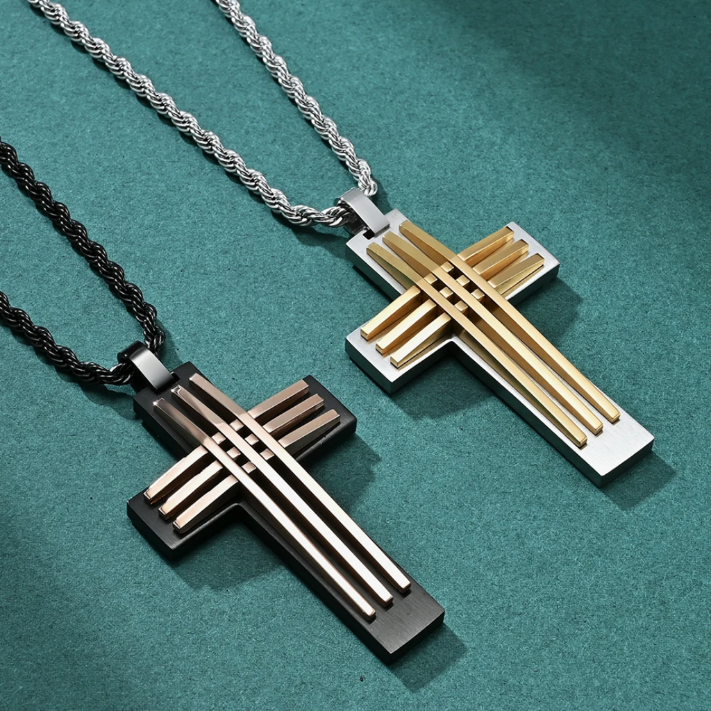 1054 Stainless Steel Curved Cross Pendant – Black & Rose Gold
