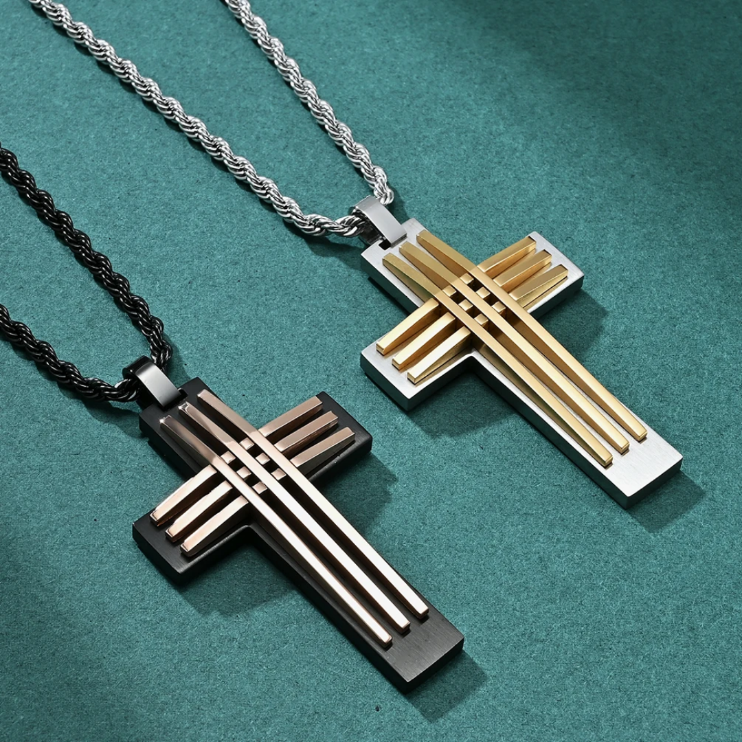 1054 Stainless Steel Curved Cross Pendant – Black & Rose Gold