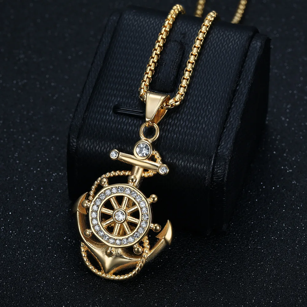 1107 Anchor Ship Wheel Rhinestone Pendant – Gold Stainless Steel