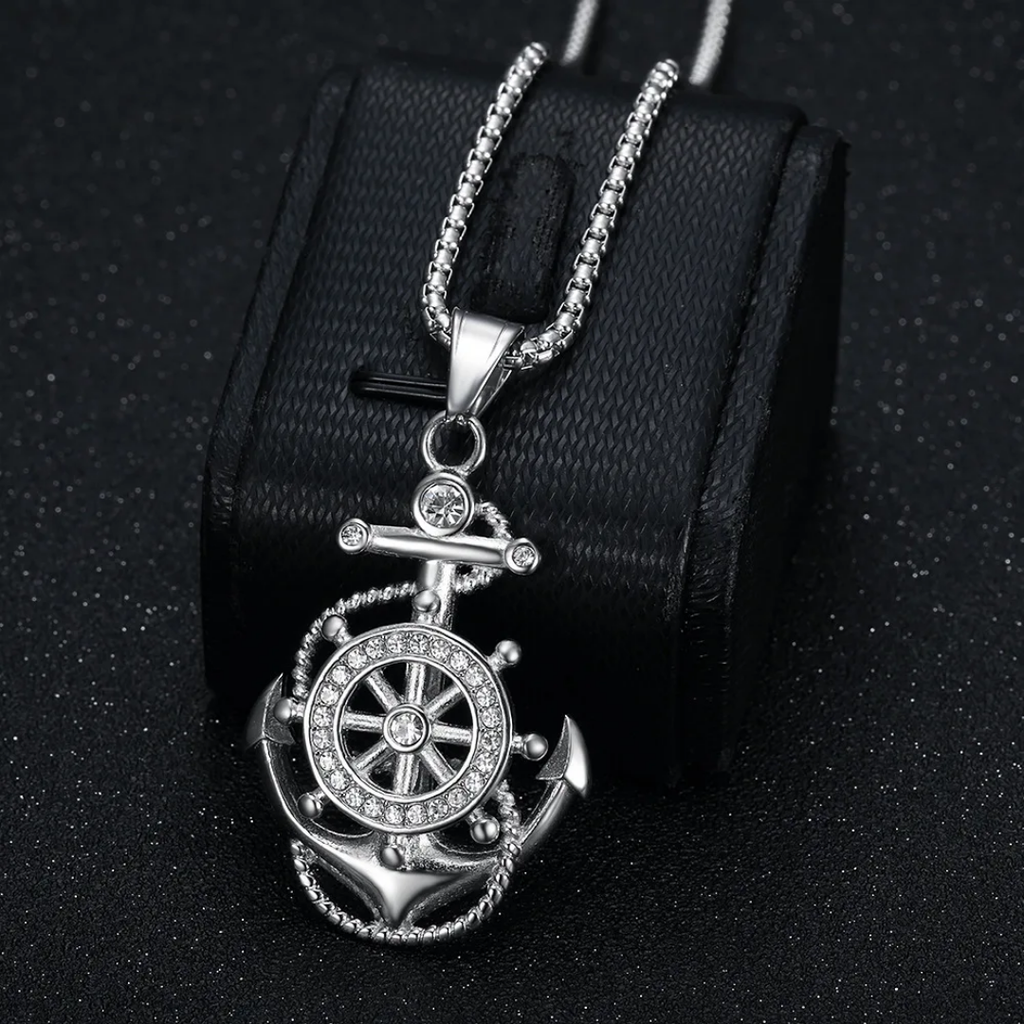 1106 Anchor Ship Wheel Rhinestone Pendant – Silver Stainless Steel