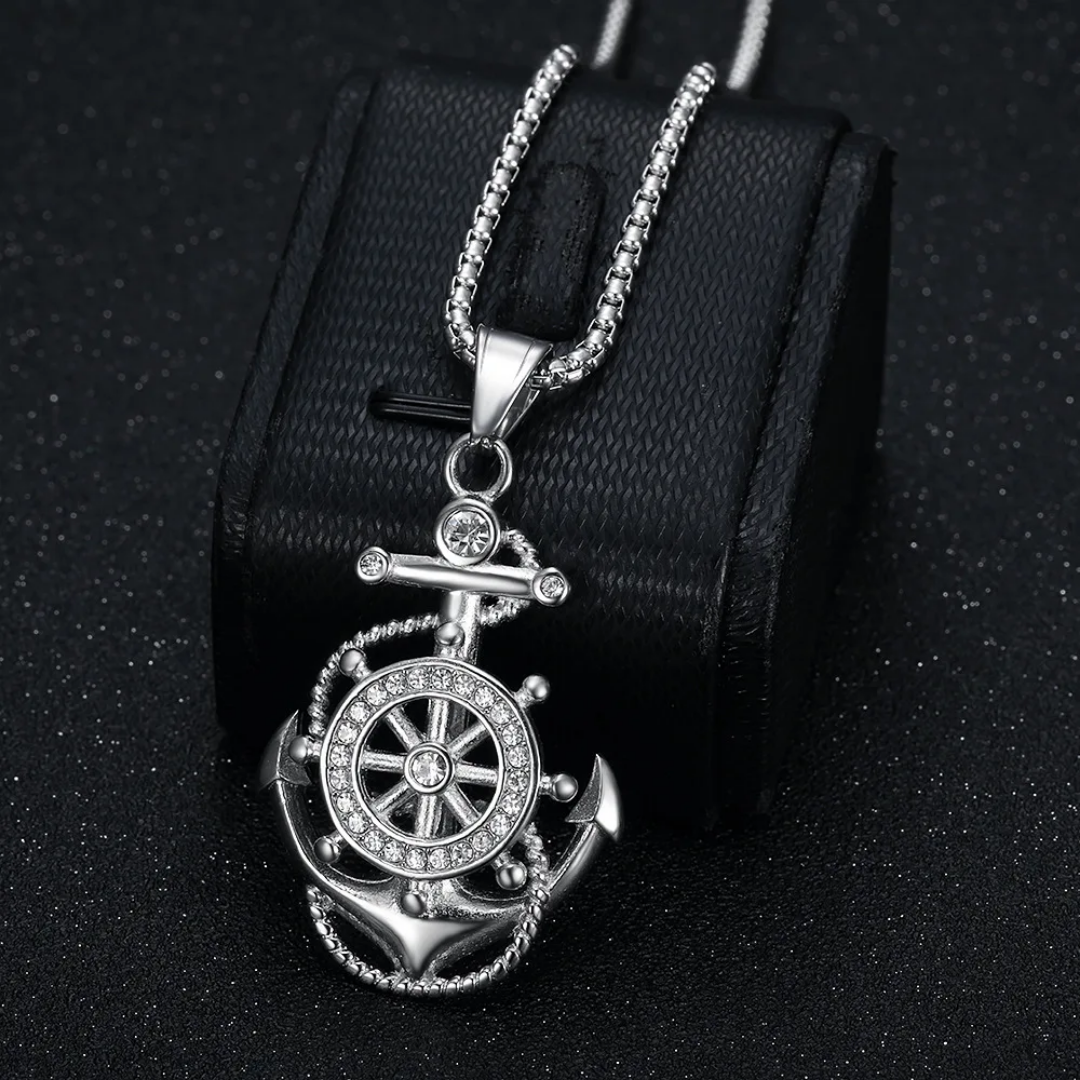 1106 Anchor Ship Wheel Rhinestone Pendant – Silver Stainless Steel