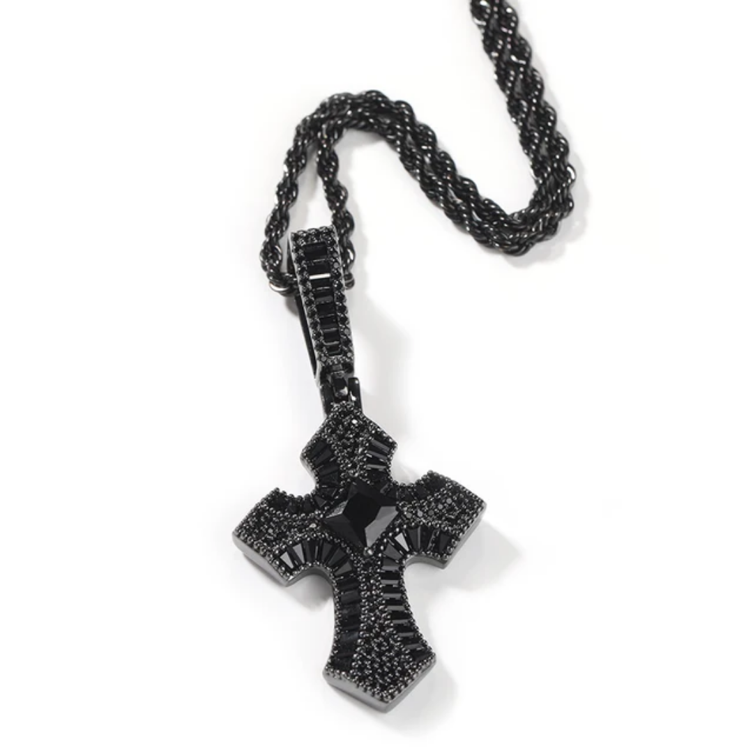 1035 HQ Iced Black Cross 5A CZ Pendant – Brass