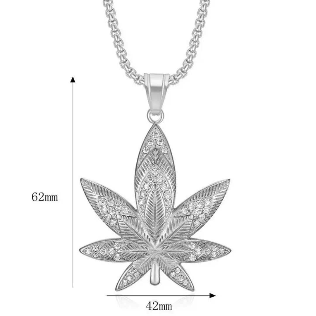 1081 Iced Leaf Rhinestone Pendant – Silver-Plated Stainless Steel