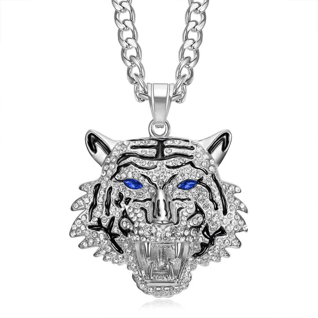 1076 Tiger Head Rhinestone Pendant – Stainless Steel – Blue Eyes