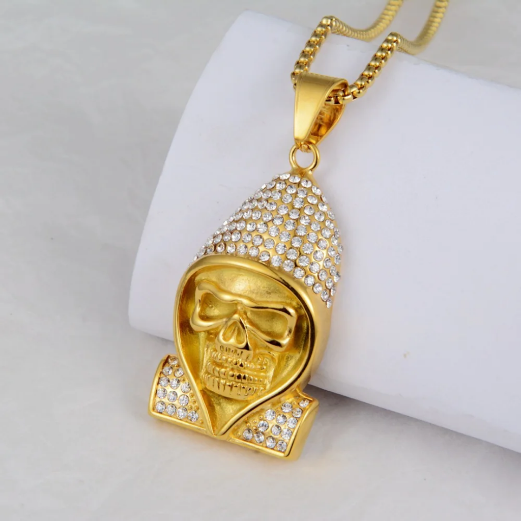 1024 HQ Iced Hooded Skull Rhinestone Pendant – 18K Gold Plated Stainless Steel