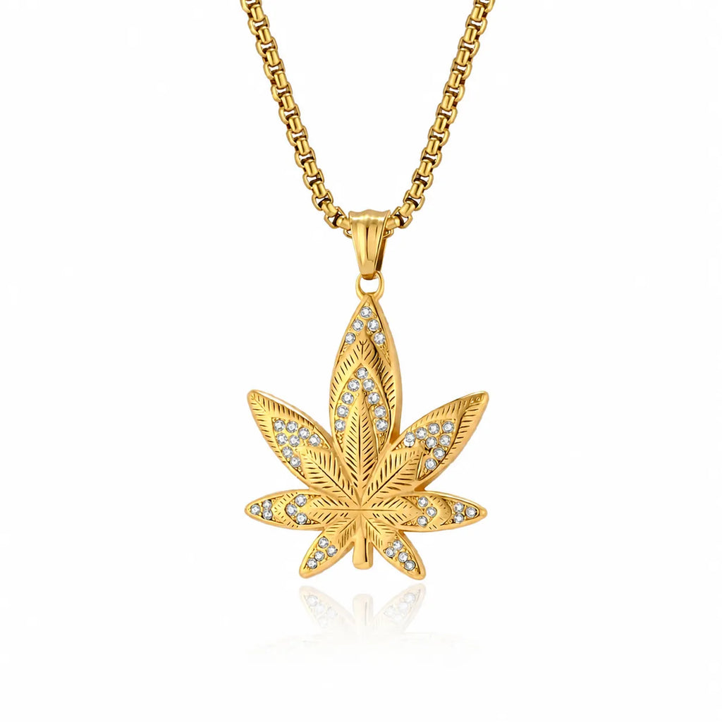 1130 Gold-Plated Stainless Steel Iced Out Maple Leaf Pendant
