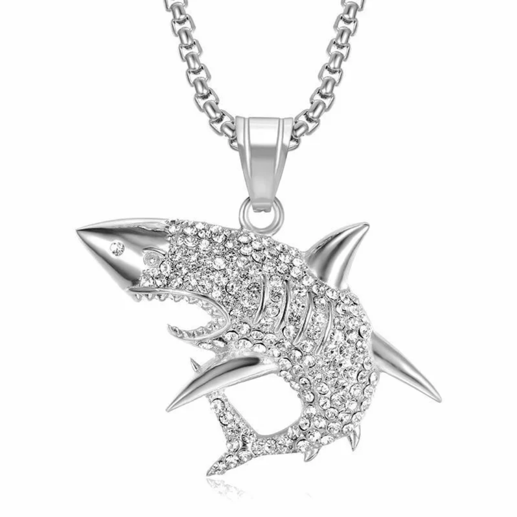 1104 Silver-Plated Stainless Steel Shark Pendant with Rhinestones – Unisex