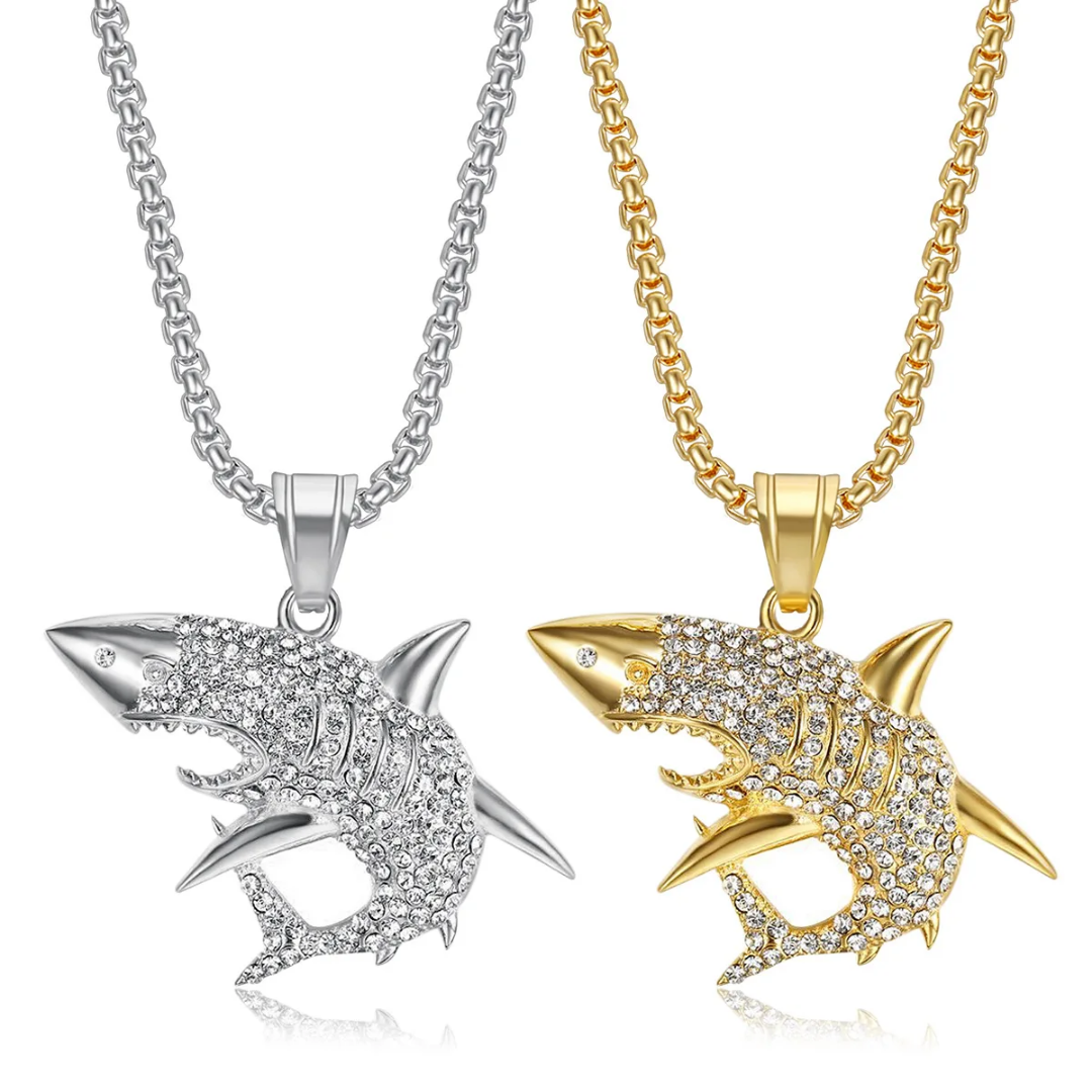 1103 Gold-Plated Stainless Steel Shark Pendant with Rhinestones – Unisex