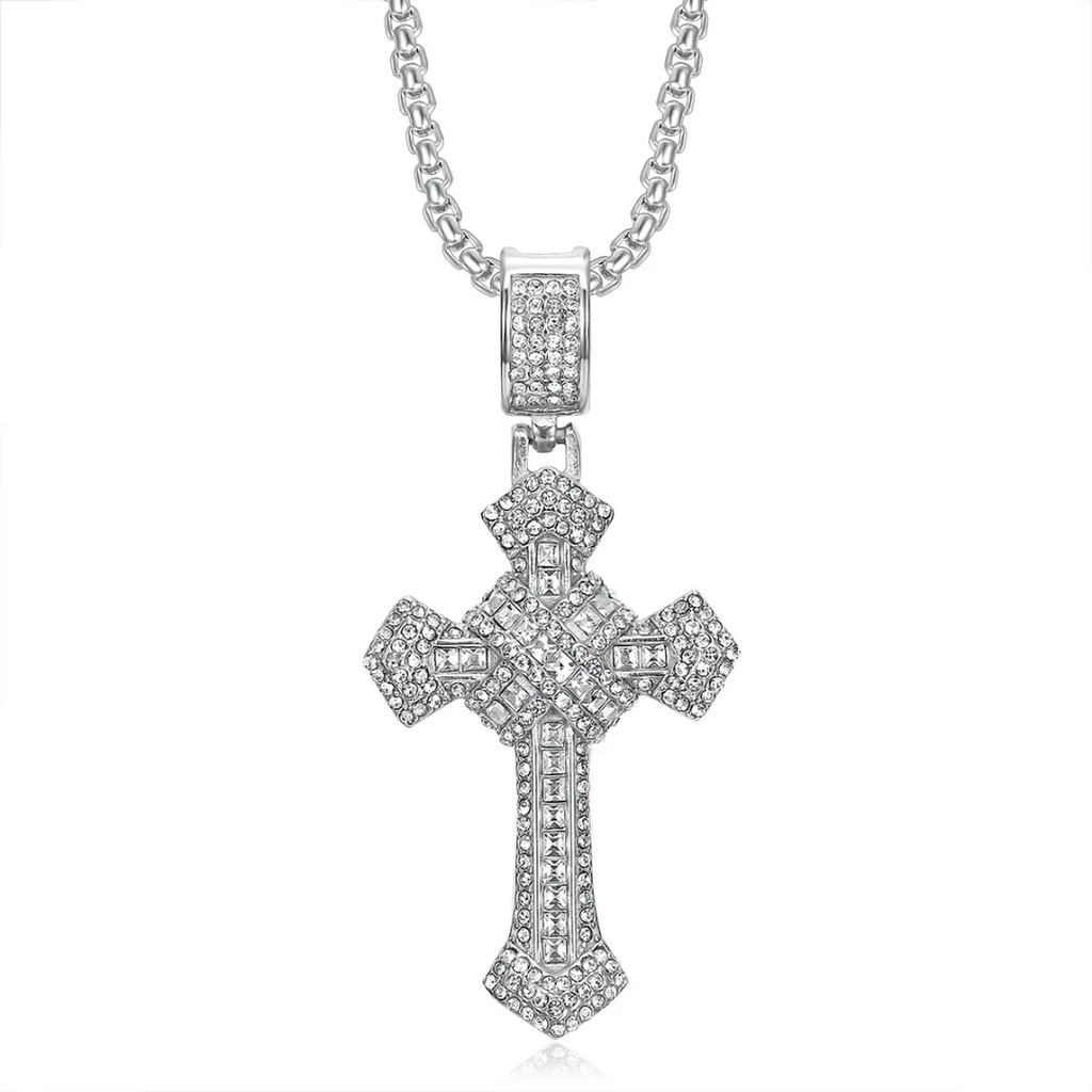 1089 Iced Cross Pendant – Stainless Steel, Rhinestones – Silver