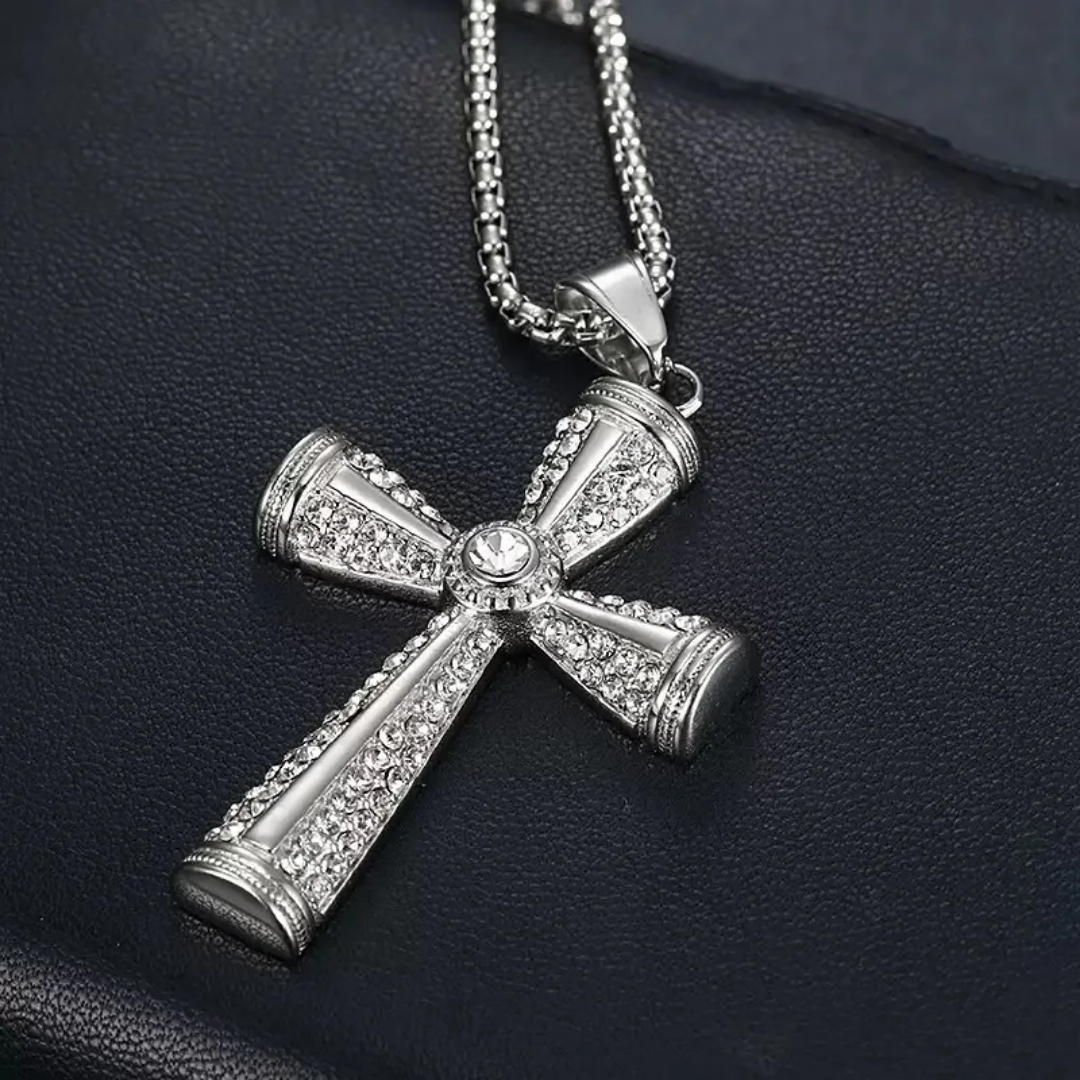 1088 Silver-Tone Stainless Steel Cross Pendant with Rhinestones – Unisex