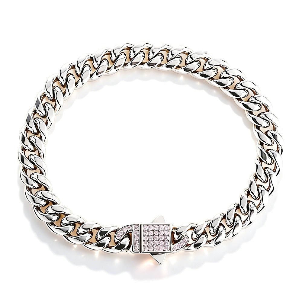 2007 |H| 316 Stainless Steel Cuban Chain Bracelet with Rose CZ Stones