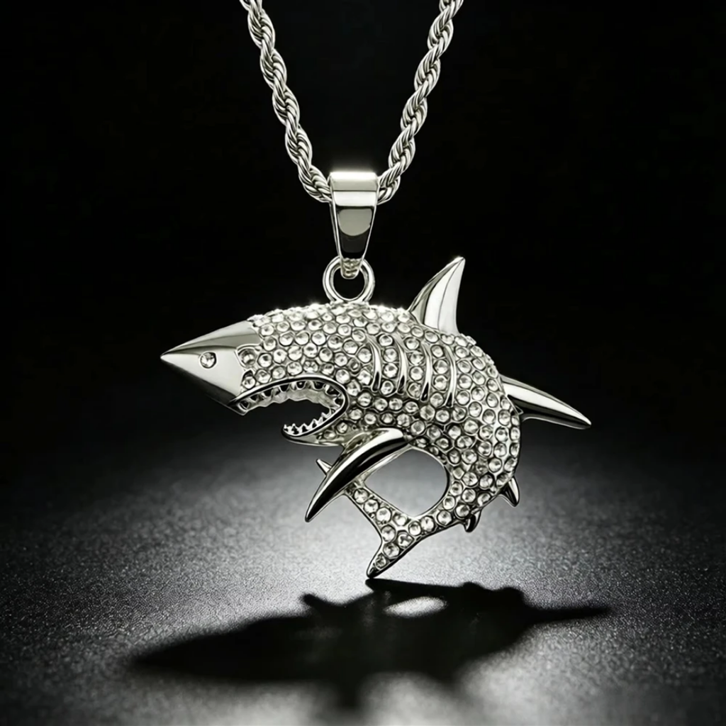 1104 Silver-Plated Stainless Steel Shark Pendant with Rhinestones – Unisex