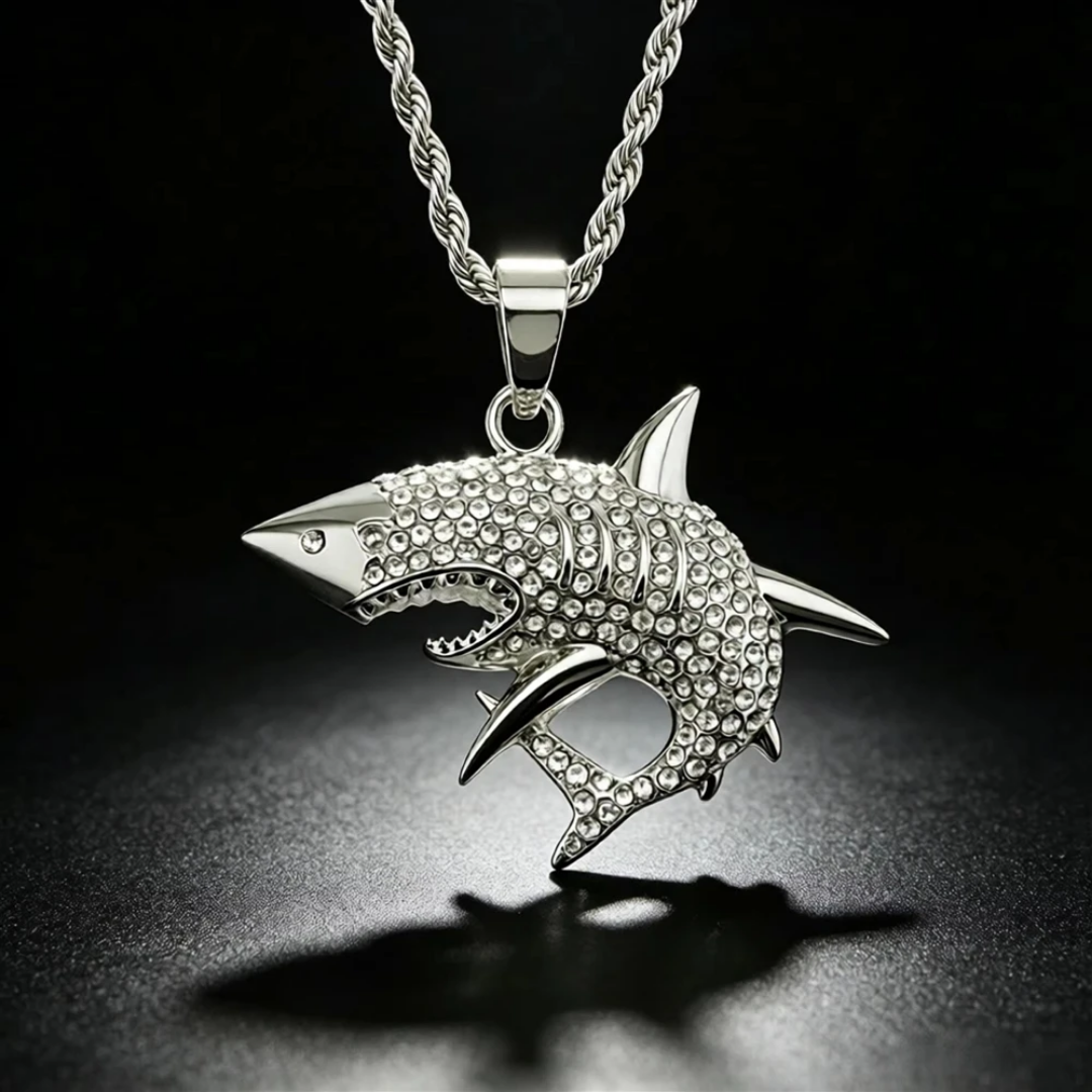 1104 Silver-Plated Stainless Steel Shark Pendant with Rhinestones – Unisex
